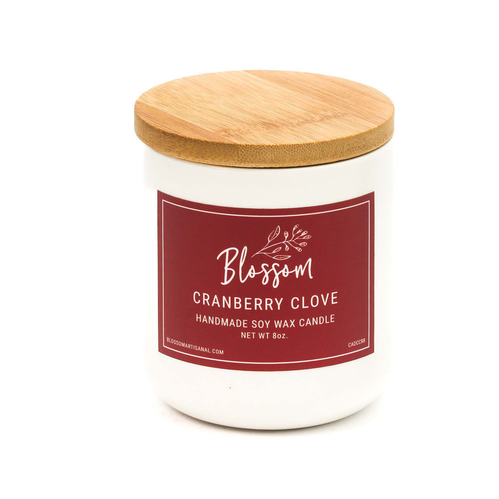 White Ceramic Decorative Soy Wax Candle Essential Oil Scent 8oz Cranberry Clove